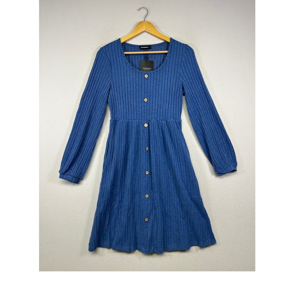 Cottagecore NWT JustFashionNow S Blue Ribbed Button Front Empire Waist Dress‎